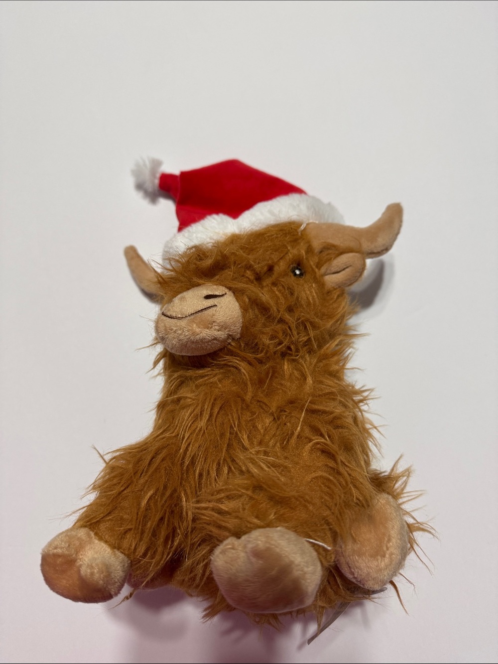 Plush Highland Cow Dog Toy in Brown with Festive Red Hat